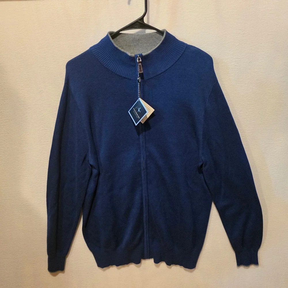 Tailorbyrd Full Zip Sweater Men M Navy Blue Mock Neck Cotton Blend Ribbed Trim